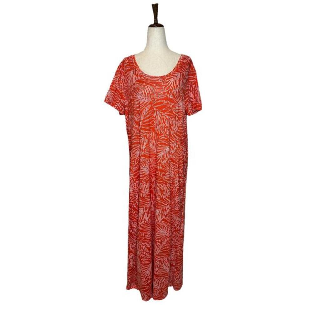 Cuddl Duds Womens L Flexwear Short Sleeve Maxi Dress Orange Palm Stretch - Picture 2 of 6